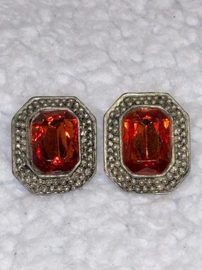 Vintage Art Deco Style Amber Orange Rhinestone Clip Earrings Silver Tone